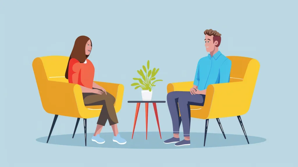 Illustration d'un homme et d'une femme discutant, assis face à face en entretien